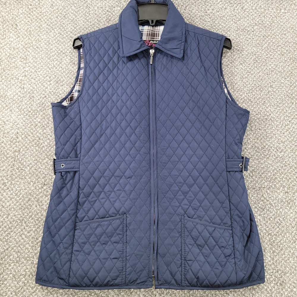 Peck & Peck Womens Navy Blue Quilted Full Zip Vest Plaid Lined Size M